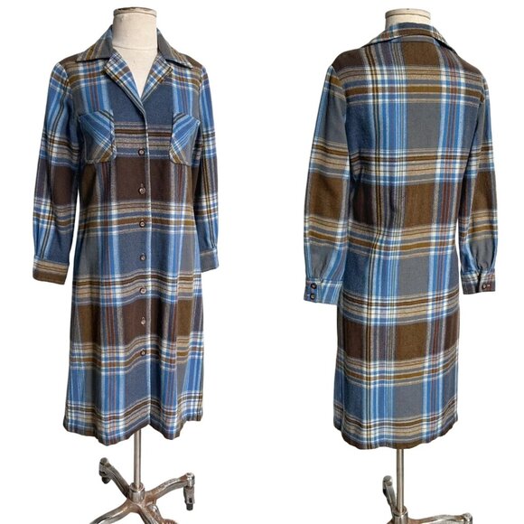 Plaid Midi shirt Dress / jacket in Blue and Brown - Picture 7 of 9